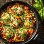 Top view of creamy Pfannen-Lasagne with melted mozzarella and fresh basil in a frying pan