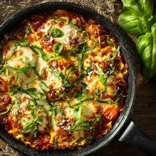 Top view of creamy Pfannen-Lasagne with melted mozzarella and fresh basil in a frying pan