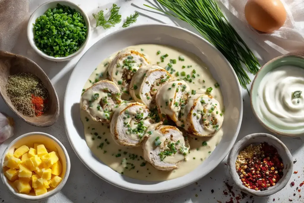 Schnelle Putenrouladen mit Eiern, Crème Fraîche und frischem Schnittlauch als Zutaten