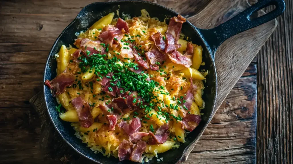 Schupfnudeln mit Sauerkraut und Speck in einer Pfanne serviert, frisch garniert mit Schnittlauch