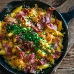 Schupfnudeln mit Sauerkraut und Speck in einer Pfanne serviert, frisch garniert mit Schnittlauch