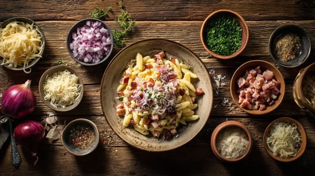 Schupfnudeln, Sauerkraut und Speck auf einem Schneidebrett vorbereitet, Zutaten für das Rezept