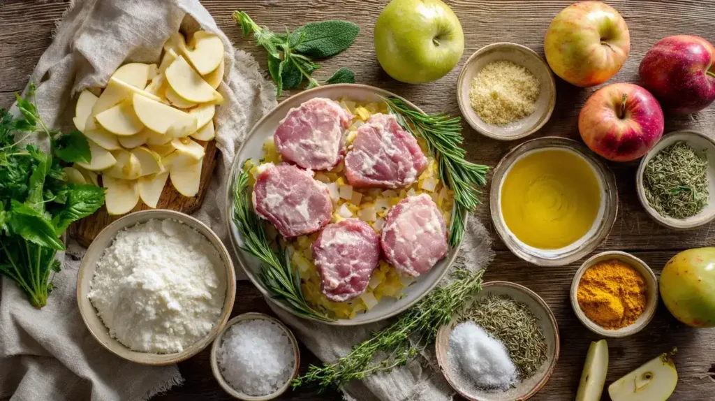 Servierter Schweinefilet-Apfel-Auflauf mit Currysahne, Käsekruste und frischem Thymian