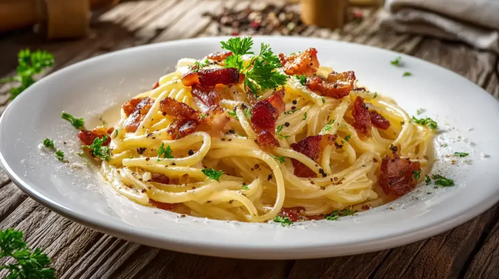 Original Spaghetti Carbonara auf Teller mit cremiger Sauce und knusprigem Speck