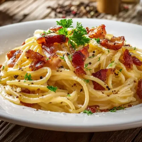 Original Spaghetti Carbonara auf Teller mit cremiger Sauce und knusprigem Speck