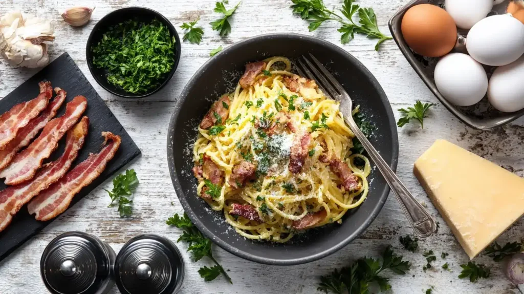 Zubereitung von Spaghetti Carbonara mit Ei-Käse-Mischung und Pancetta