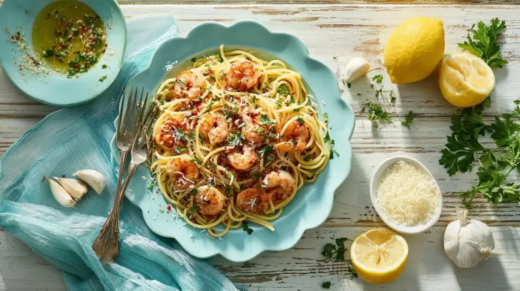 Garnelen mit Knoblauch und Chili in Olivenöl gebraten für Spaghetti
