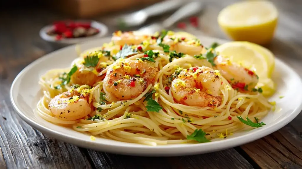 Spaghetti mit Garnelen, Knoblauch und Chili auf Teller mit Zitronenscheiben und Petersilie