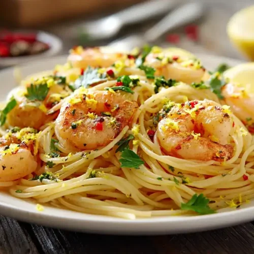 Spaghetti mit Garnelen, Knoblauch und Chili auf Teller mit Zitronenscheiben und Petersilie
