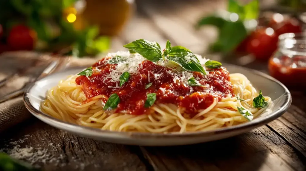 Spaghetti Napoli auf Teller mit Tomatensoße, Basilikum und Parmesan