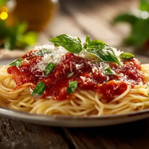 Spaghetti Napoli auf Teller mit Tomatensoße, Basilikum und Parmesan