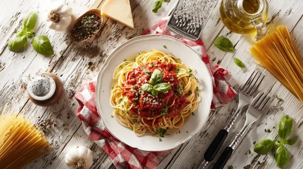 Italienische Tomatensoße für Spaghetti Napoli im Topf zubereitet