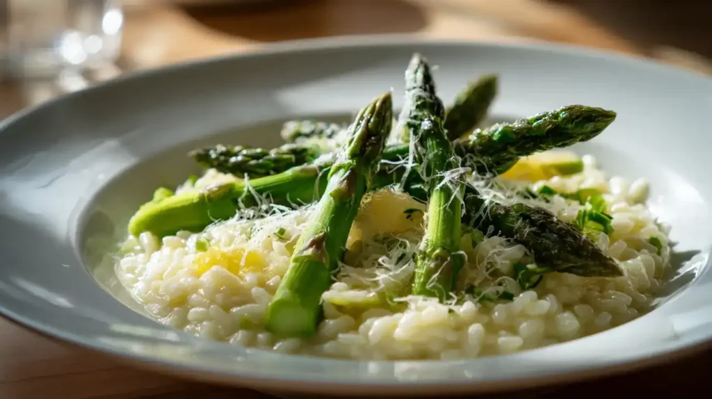 Nahaufnahme von grünem Spargelrisotto aus dem Ofen, cremig und aromatisch, dekorativ angerichtet für Frühlingsessen