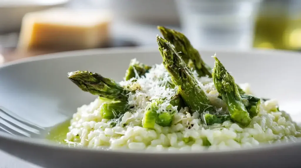 Cremiges Spargelrisotto aus dem Ofen mit grünem Spargel und frisch geriebenem Parmesan, serviert auf weißem Teller