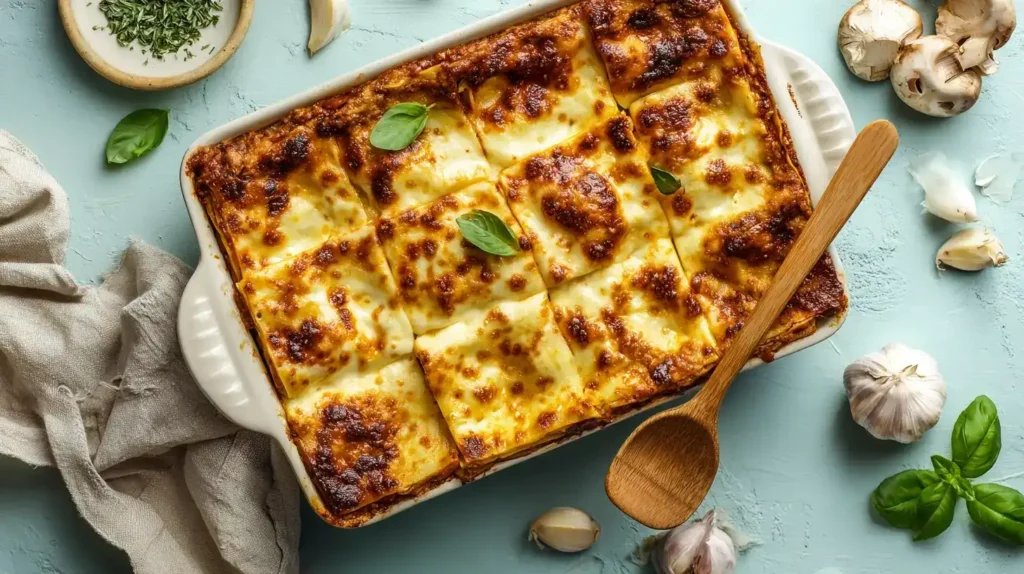 Spinatlasagne mit Frischkäse und Tomaten Spinatlasagne mit Frischkäse und Tomaten frisch gebacken, goldbraun überbacken