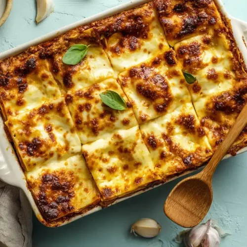 Spinatlasagne mit Frischkäse und Tomaten frisch gebacken, goldbraun überbacken