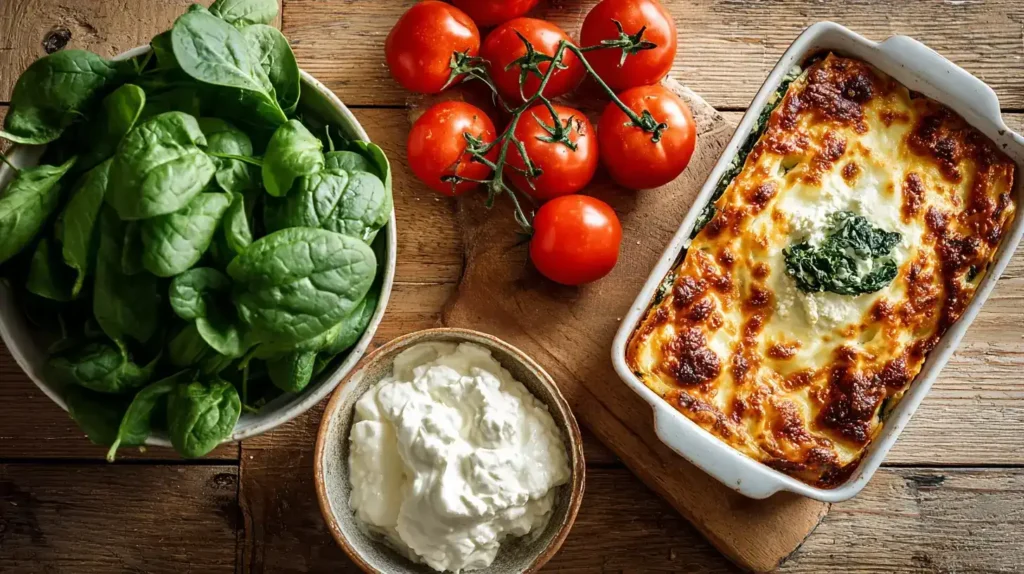 Portion Spinatlasagne mit Tomatensauce, Spinat und Käse auf Teller serviert