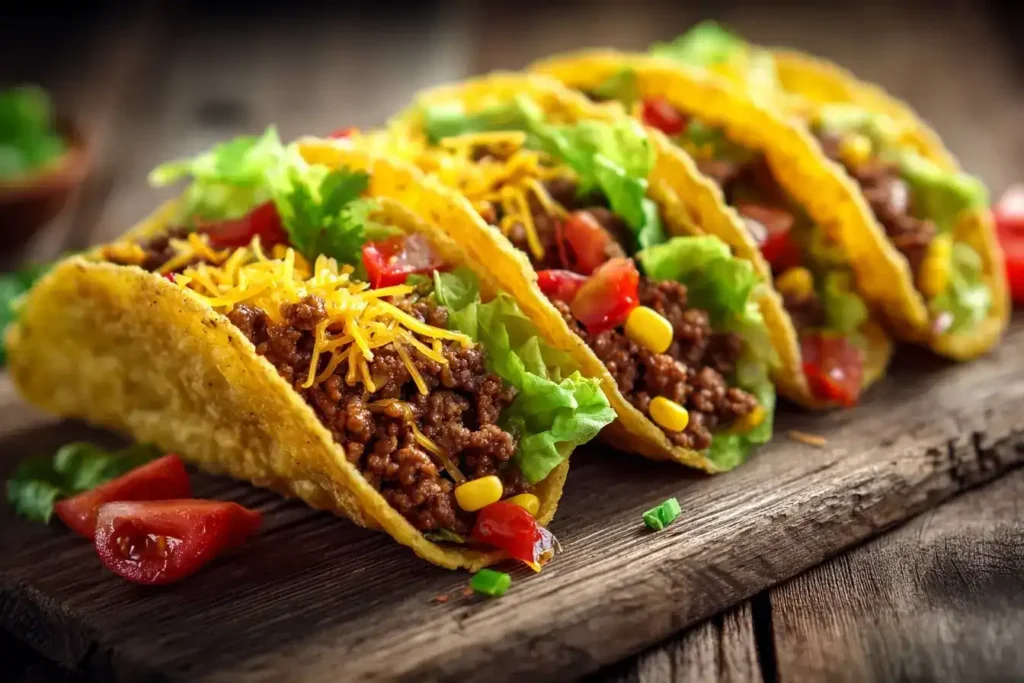 Würzige Hackfleischmischung mit Paprika, Mais, Bohnen und geschmolzenem Cheddar für Tacos