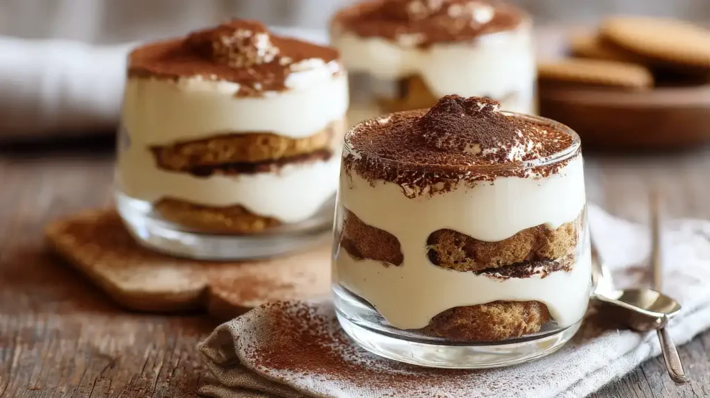 Schichtdessert Tiramisu im Glas mit Löffelbiskuits und Kaffee