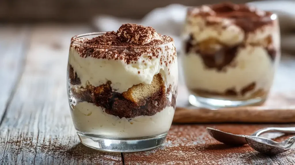 Tiramisu im Glas mit Mascarpone-Creme und Kakaopulver serviert