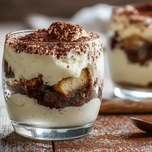 Tiramisu im Glas mit Mascarpone-Creme und Kakaopulver serviert