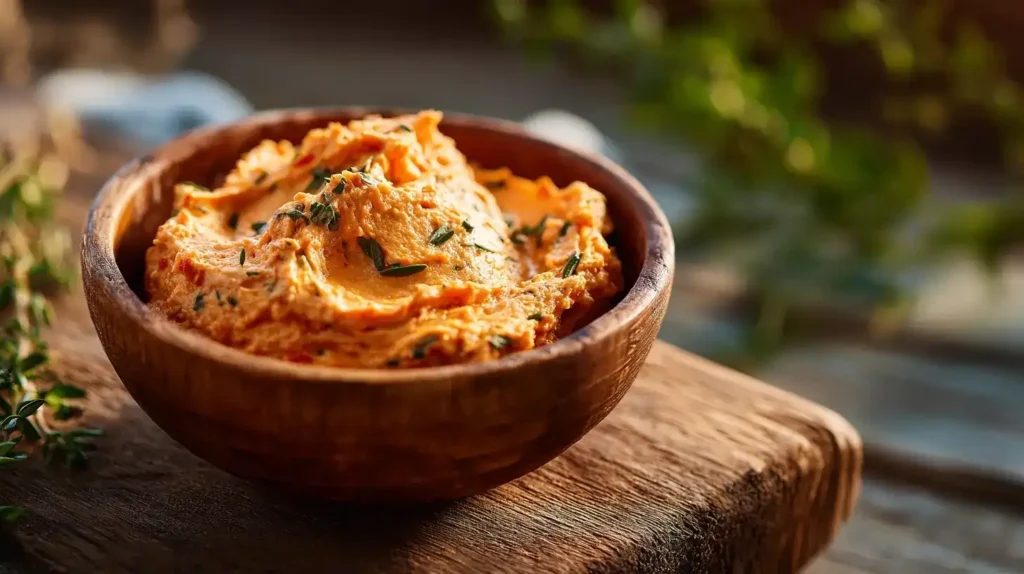 Cremige Tomatenbutter mit getrockneten Tomaten in einer Schale, serviert mit Baguette.