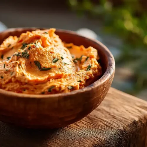 Cremige Tomatenbutter mit getrockneten Tomaten in einer Schale, serviert mit Baguette.
