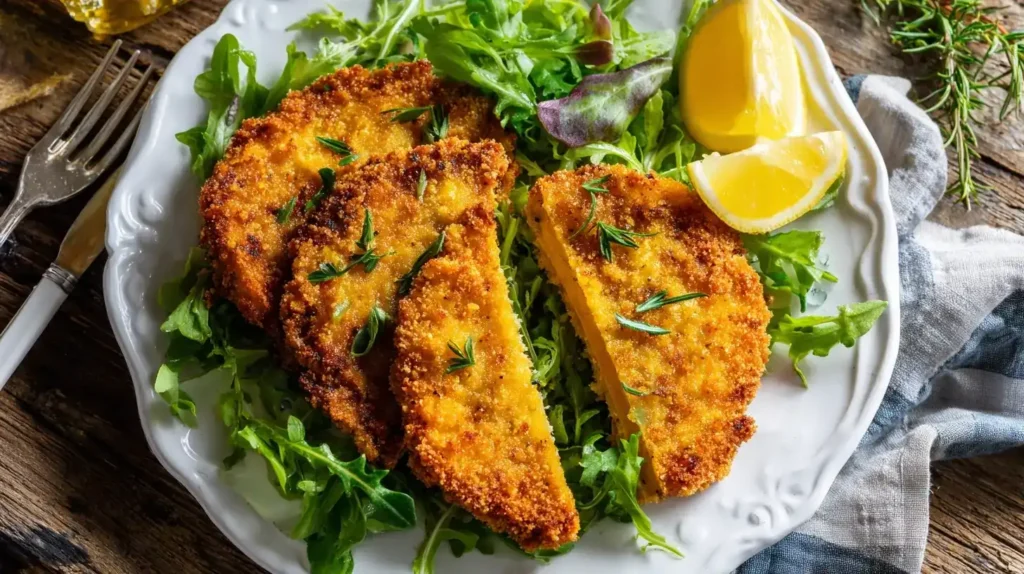 Vegetarische Kürbisschnitzel, goldbraun gebraten, serviert als Herbstgericht
