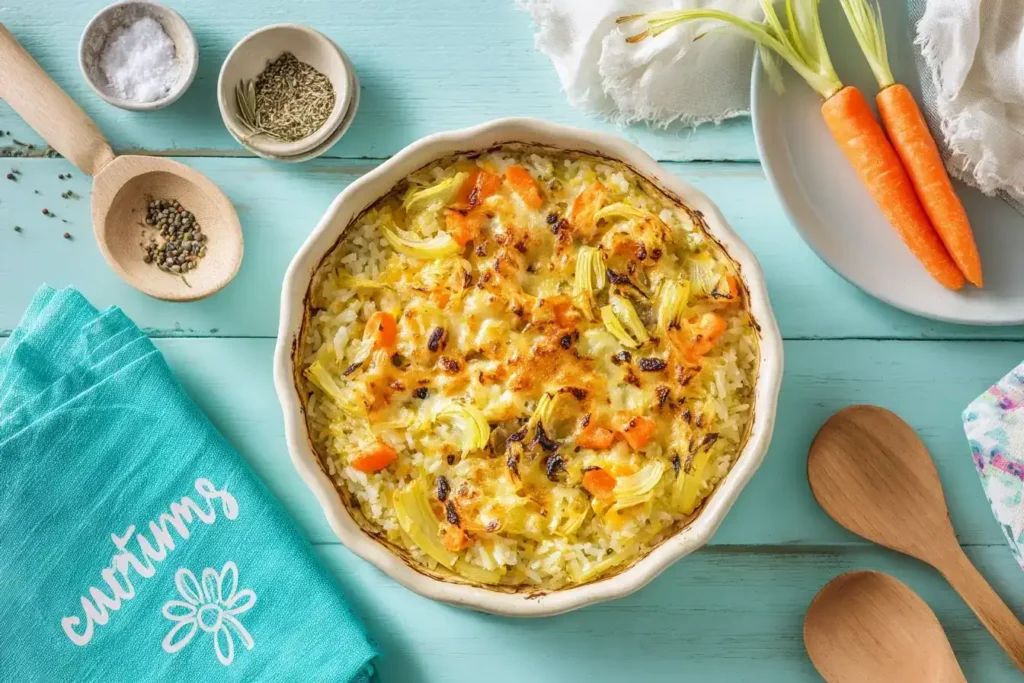 Bunte Mischung aus Reis, Möhren, Lauch und Erbsen im vegetarischen Auflauf