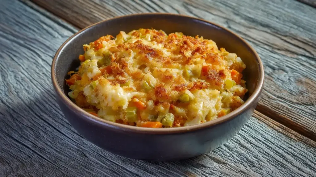 Vegetarischer Reisauflauf mit Gemüse Cremiger vegetarischer Reisauflauf mit Gemüse frisch aus dem Ofen