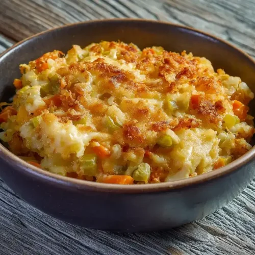 Cremiger vegetarischer Reisauflauf mit Gemüse frisch aus dem Ofen