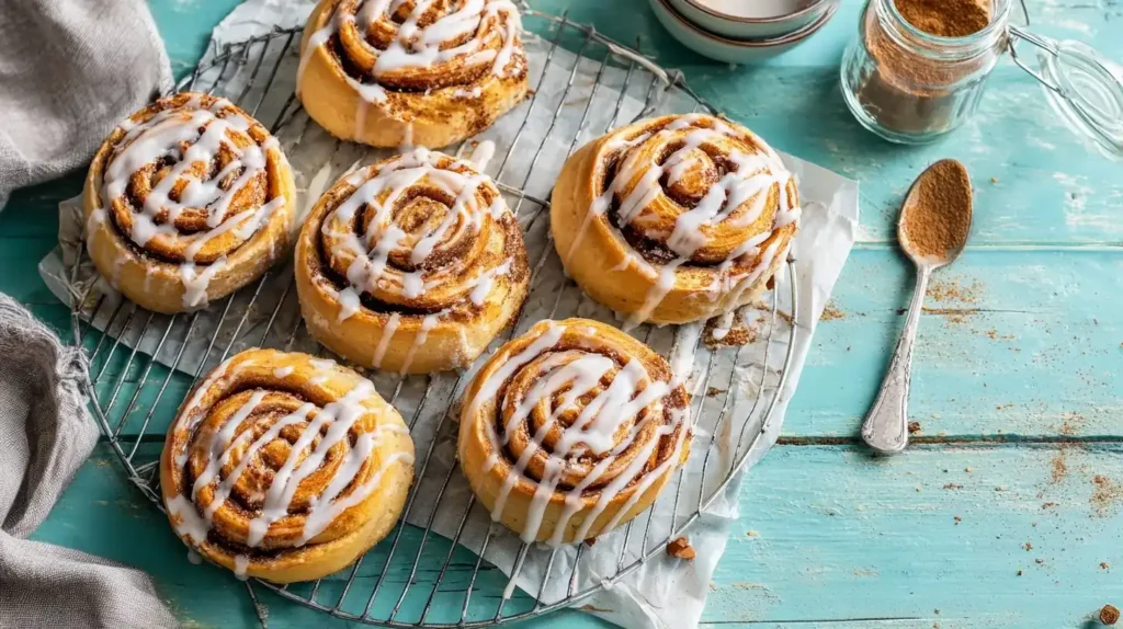 Frisch gebackene Zimtschnecken mit Zimt-Zucker-Füllung auf einem Backblech