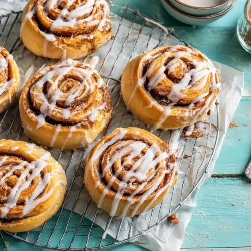 Frisch gebackene Zimtschnecken mit Zimt-Zucker-Füllung auf einem Backblech