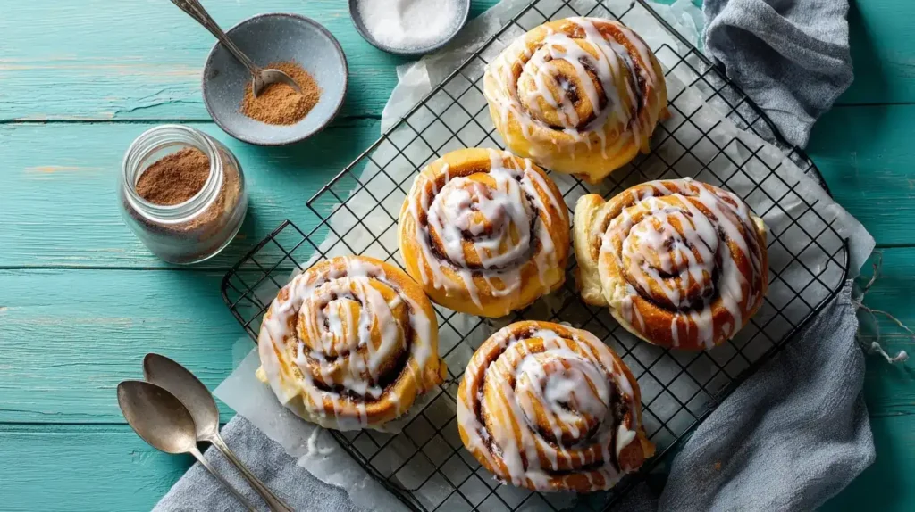 Servierte Zimtschnecken auf Teller mit Tasse Kaffee, perfekt fürs Frühstück
