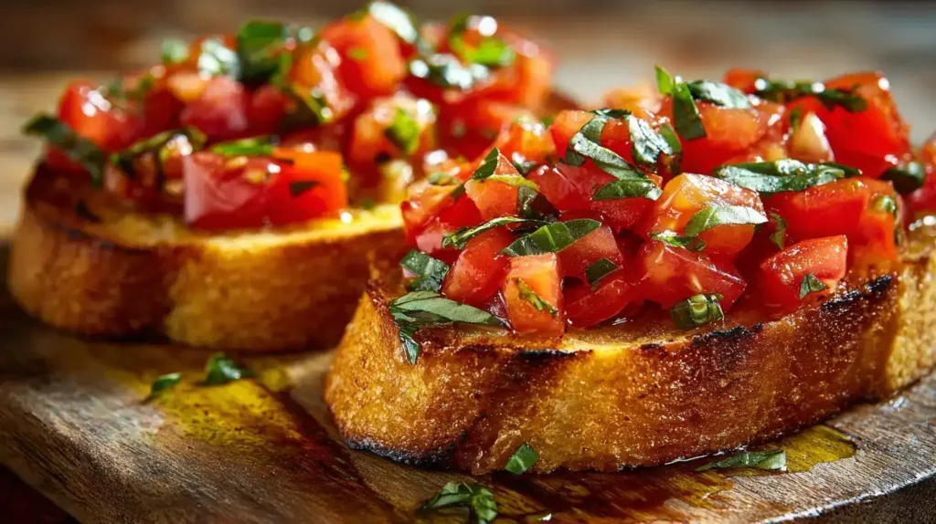 Original italienische Bruschetta mit Tomaten und Basilikum auf Ciabatta