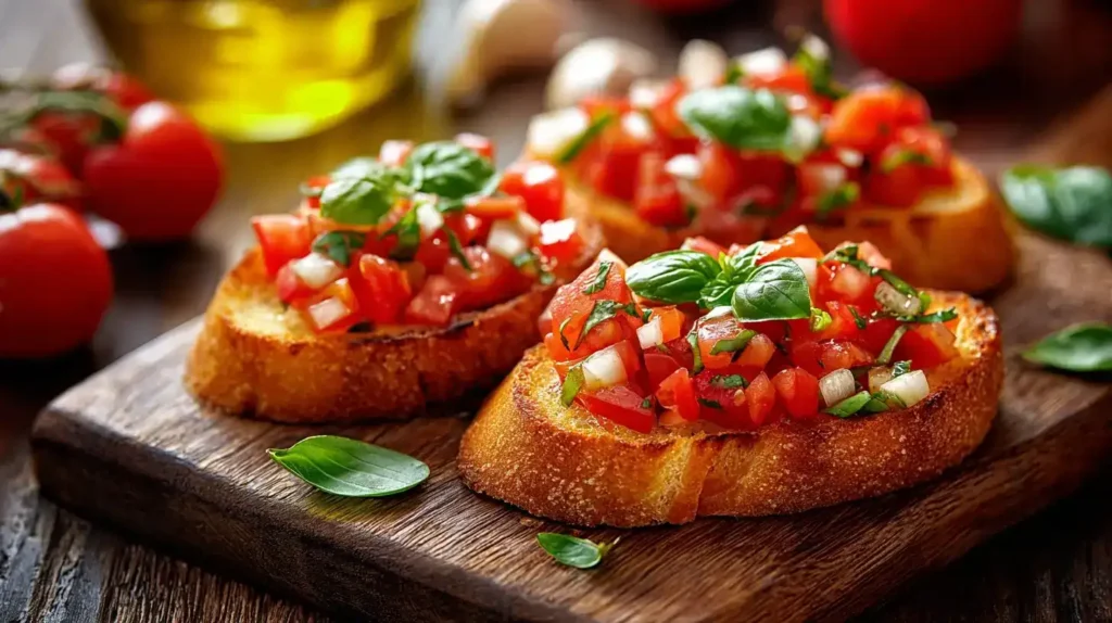 Zutaten für Bruschetta: Tomaten, Basilikum, Ciabatta und Knoblauch