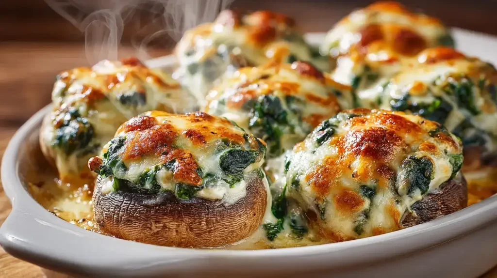 Gefüllte Champignons mit Spinat und Crème fraîche auf weißem Teller, goldbraun überbacken