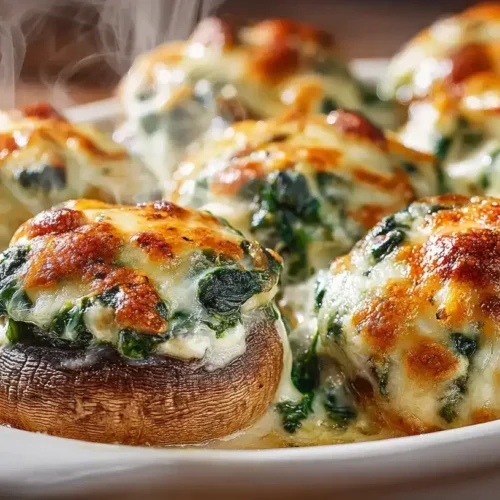 Gefüllte Champignons mit Spinat und Crème fraîche auf weißem Teller, goldbraun überbacken