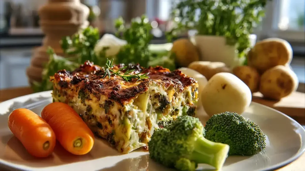 Gemüselasagne auf Teller in der Mitte, Brokkoli, Kohlrabi und Möhren dekorativ drumherum, fotorealistisch arrangiert