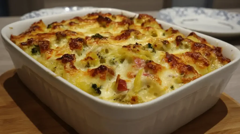Frisch gebackene cremige Gemüselasagne mit Brokkoli, Kohlrabi, Möhren und goldbrauner Käsekruste