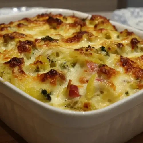 Frisch gebackene cremige Gemüselasagne mit Brokkoli, Kohlrabi, Möhren und goldbrauner Käsekruste