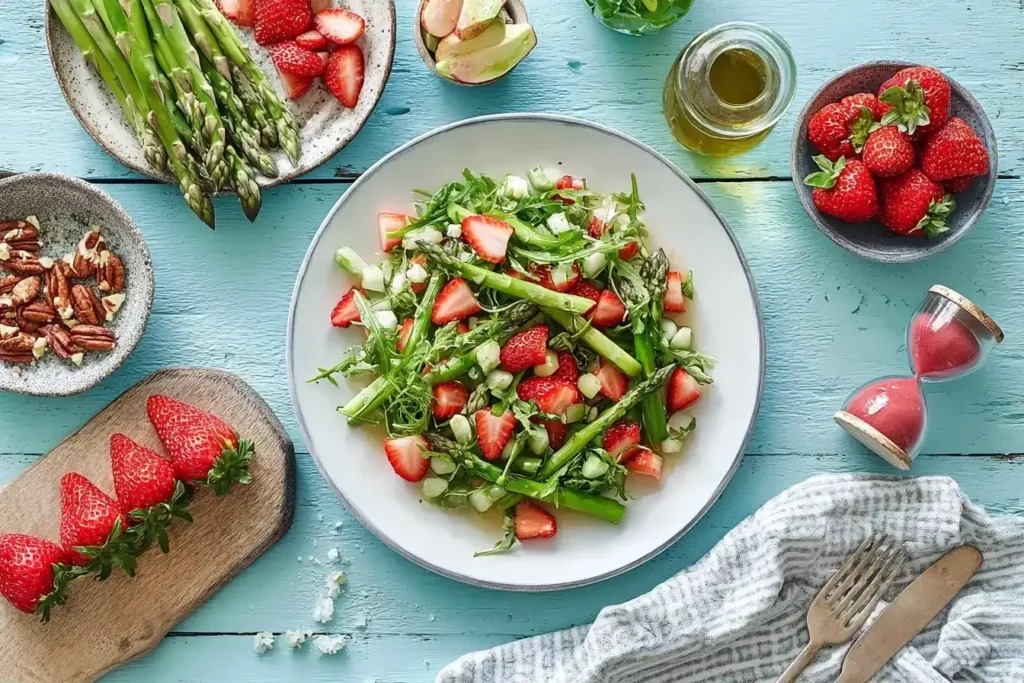 Grüner Spargelsalat mit Feta und Erdbeeren Grüner Spargelsalat mit Feta und Erdbeeren auf einem Teller, frischer Frühlingssalat