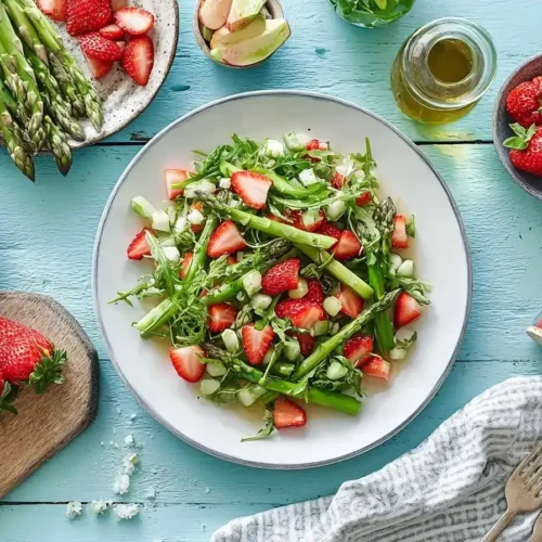 Grüner Spargelsalat mit Feta und Erdbeeren auf einem Teller, frischer Frühlingssalat