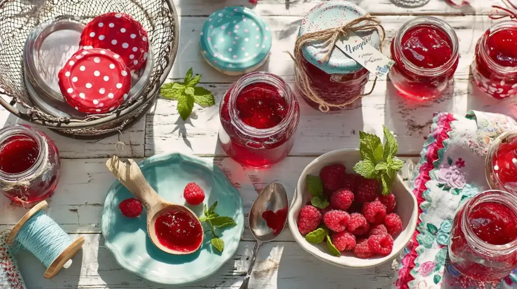 Himbeermarmelade serviert auf frischem Brot zum Frühstück mit Beeren dekoriert