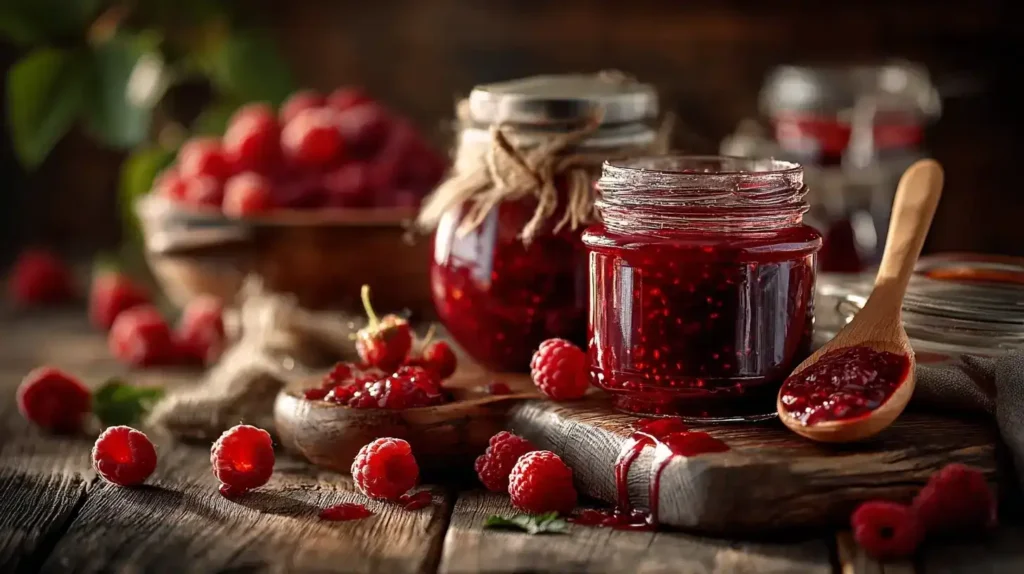Frisch zubereitete Himbeermarmelade in Glas mit Himbeeren und Holzlöffel