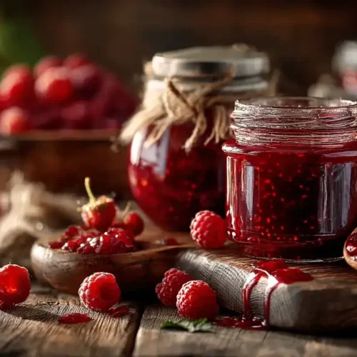 Frisch zubereitete Himbeermarmelade in Glas mit Himbeeren und Holzlöffel
