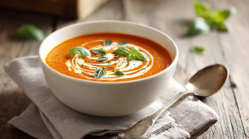 Einfache Tomatensuppe für das ganze Jahr Einfache Tomatensuppe im Teller, cremig und aromatisch serviert mit Basilikum und Sahne