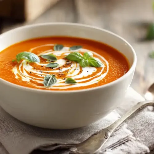Einfache Tomatensuppe im Teller, cremig und aromatisch serviert mit Basilikum und Sahne