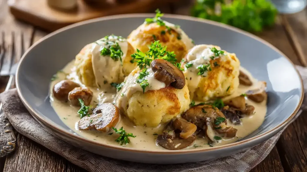 Klassische Semmelknödel mit cremiger Pilzsoße serviert