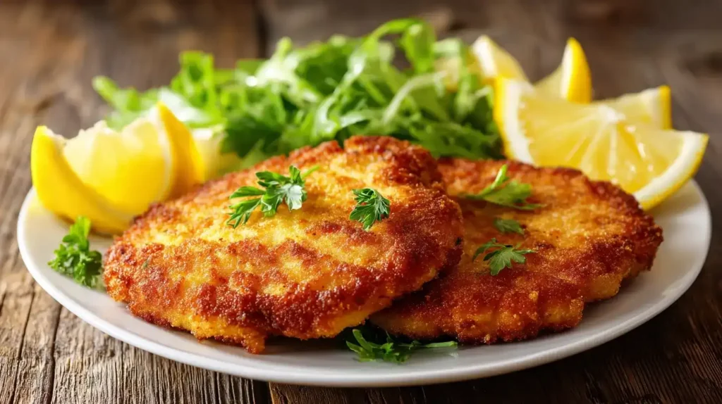 Goldbraune Zucchinischnitzel knusprig gebraten, angerichtet auf rustikalem Holztisch